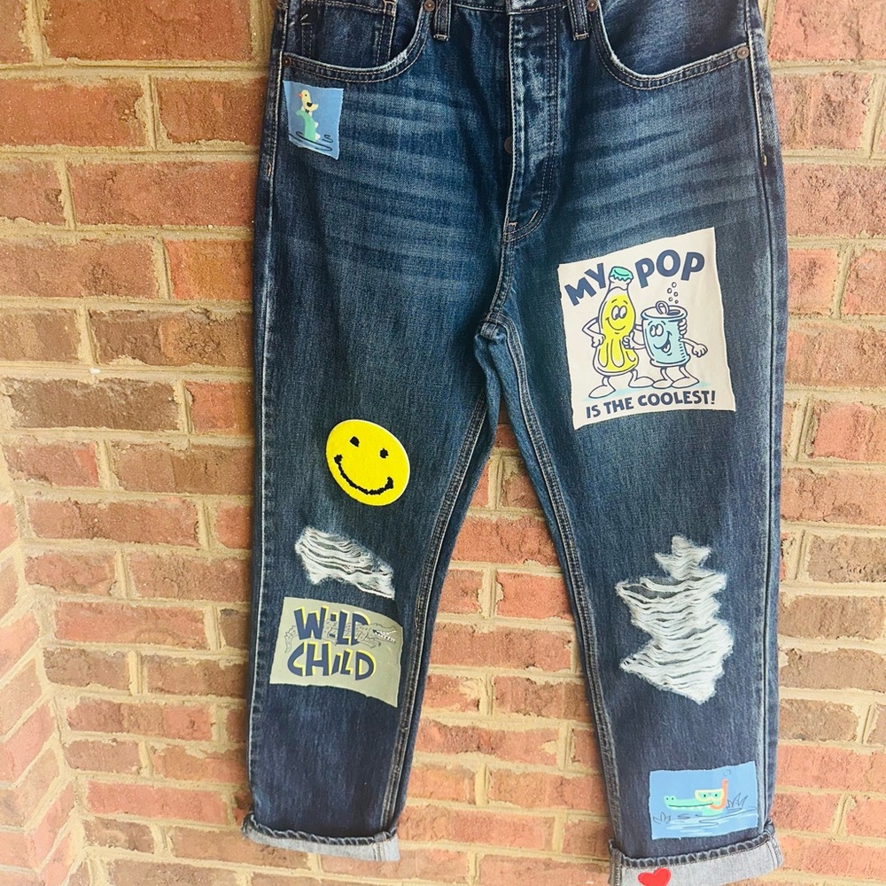 KanCan Women's Straight Leg Jeans with Patches - Dark Blue